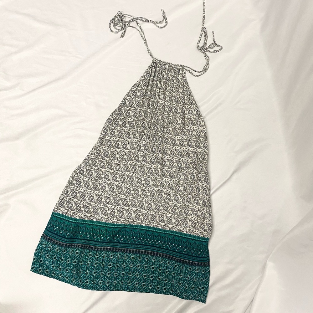 Lulus Cream & Teal Patterned Color Block Summer Mini Dress